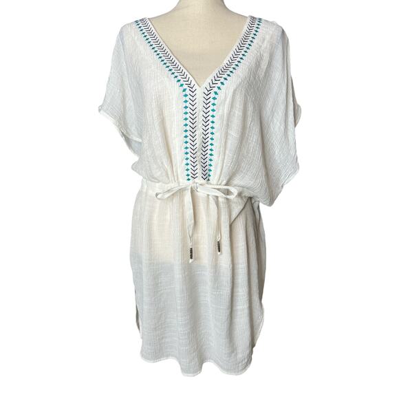 Kona Sol Swimsuit Cover in White w/Embroidery at Neckline Tie Waist Size XL - Picture 1 of 6